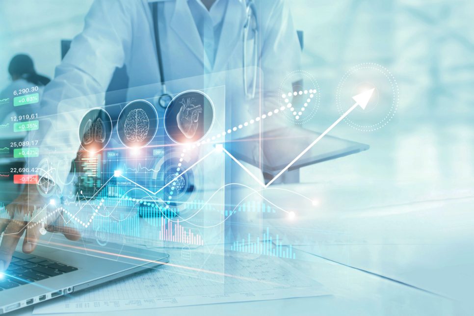 Healthcare business graph and data overlay wiht medical professional in the background